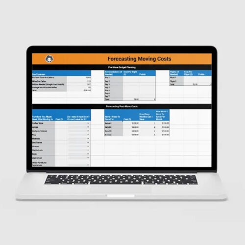 A laptop screen open to a budgeting spreadsheet for planning a move.