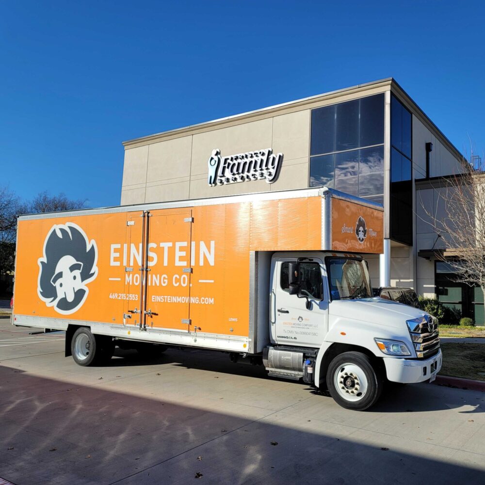 Moving truck outside of Frisco Family Services Office.